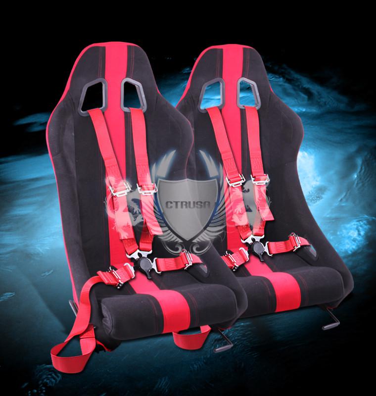 2x universal fabric blk racing seat red stripe+ 4-pt camlock harness seat belt