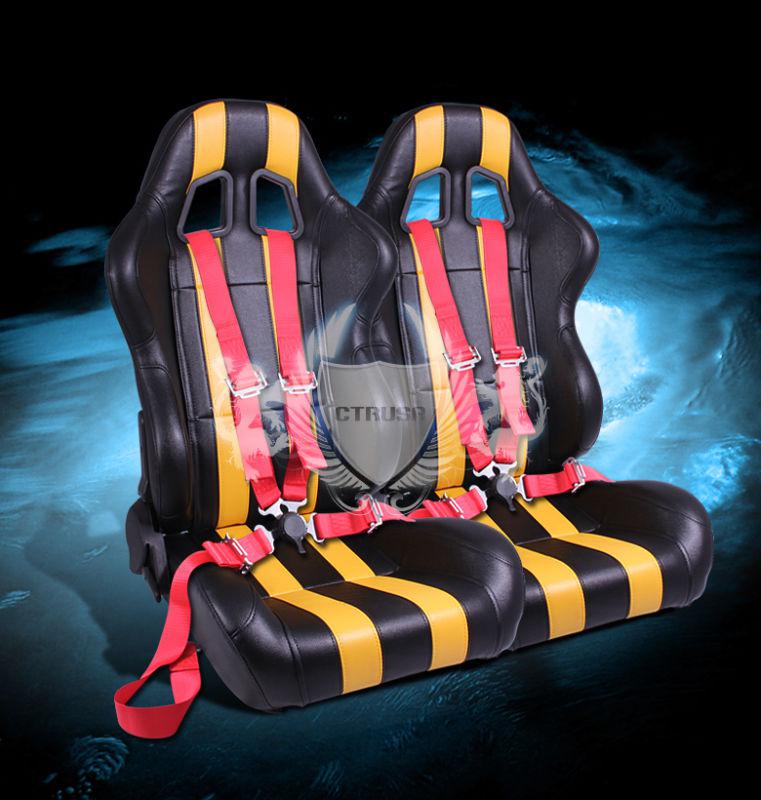 2x blk/yellow stripe reclinable pvc racing bucket seat + 4-pt red camlock strap