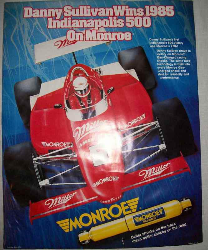 1985 danny sullivan wins indy 500 with formula for monroe shocks original poster