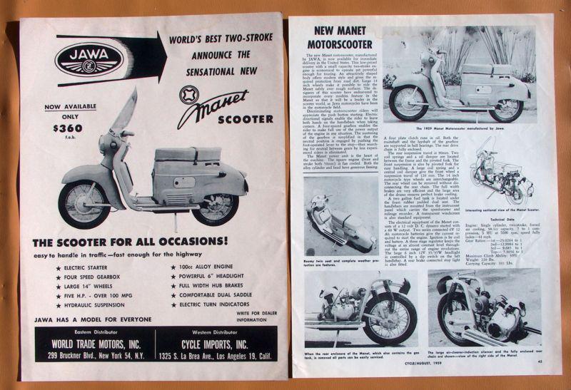 0762   1959 jawa manet scooter ad + single page review