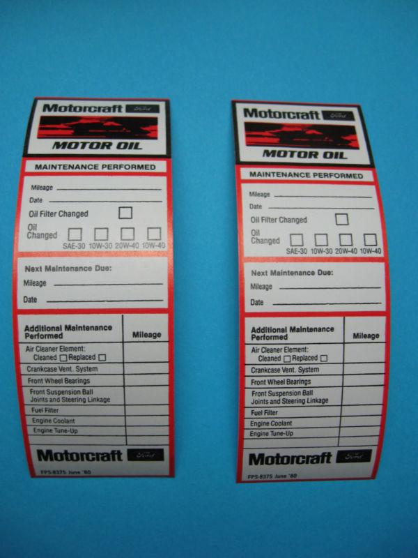  two nos ford motorcraft  june 1980 "maintenance performed" door jamb decals  