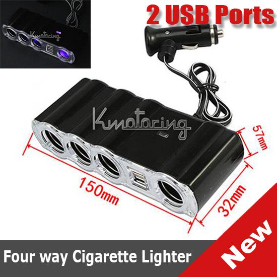 4 way car cigarette socket splitter charger lighter with 2 usb port dc12/24v