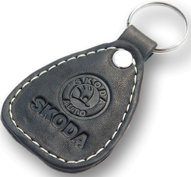 New leather black / white keychain car logo skoda auto emblem keyring