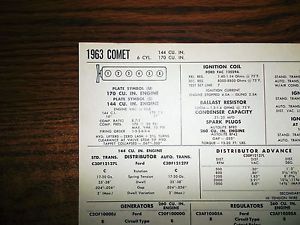 1963 mercury comet six series models 144 ci l6 &amp; 170 ci l6 tune up chart