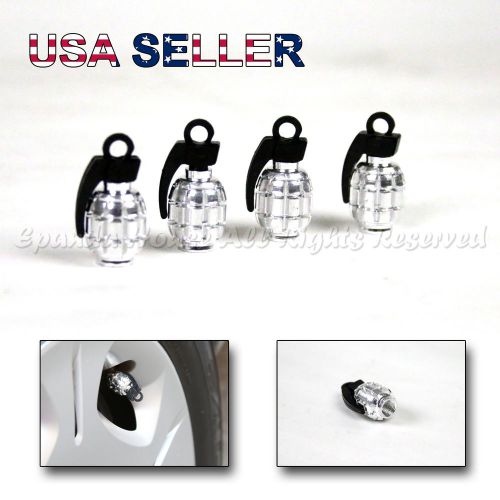 Grenade look! 4x usa anodized silver aluminum metal tire valve stem caps upgrade