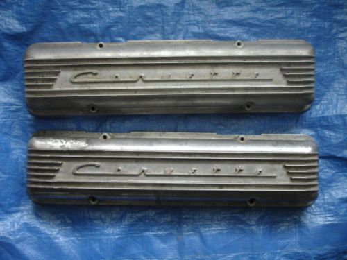 Original 1957-59 corvette finned aluminum high script valve covers 3726086