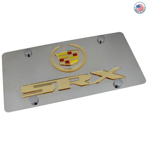 Cadillac gold logo + srx name on polished stainless steel license plate