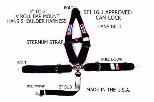 Rjs sfi 16.1 5pt hans cam lock v roll bar mount sternum strap belt black 1050901