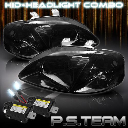 Smoked 99-00 honda civic jdm clear crystal headlights+6000k slim ballast hid kit