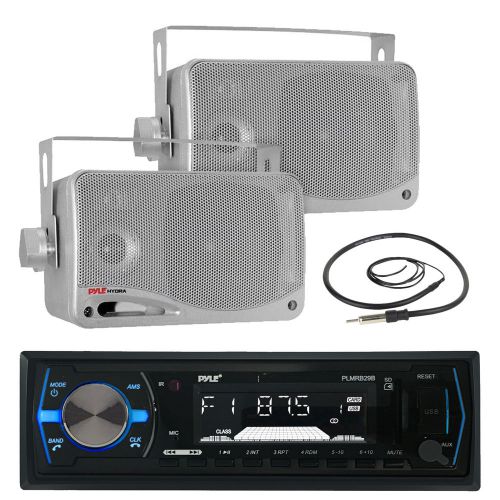 Plmrb29b marine aux usb receiver, antenna, silver 3.5&#034; 200w marine box speakers