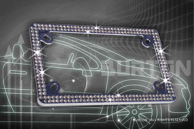 Bling 2 row motorcycle white real crystal embedded chrome license plate frame 