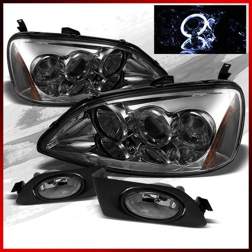 01-03 honda civic halo smoked projector headlights+fog lights combo pair set