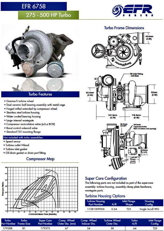 Borg warner efr 6758 turbocharger 67mm 0.64a/r t25