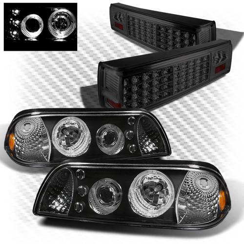 87-93 mustang 1pc black projector headlights + smoked led perform tail lights