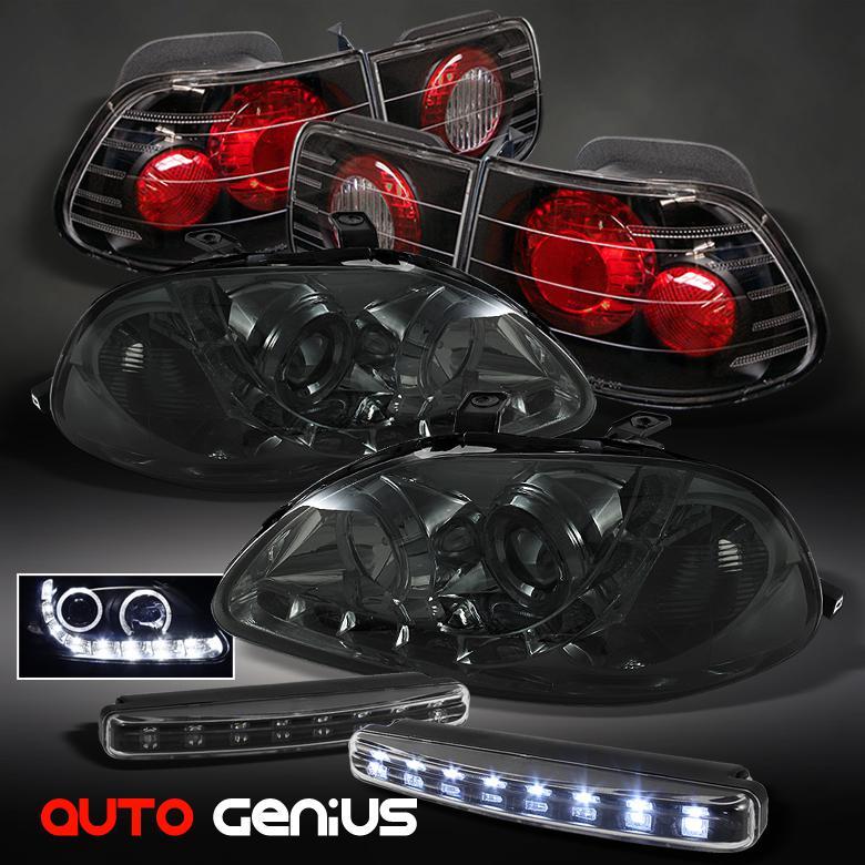 96-98 civic 2dr smoke led projector headlights + black altezza tail lights + drl