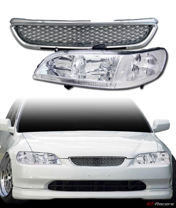 Chrome head lights signal dy+t-r mesh bumper grill grille 98-02 honda accord 2dr