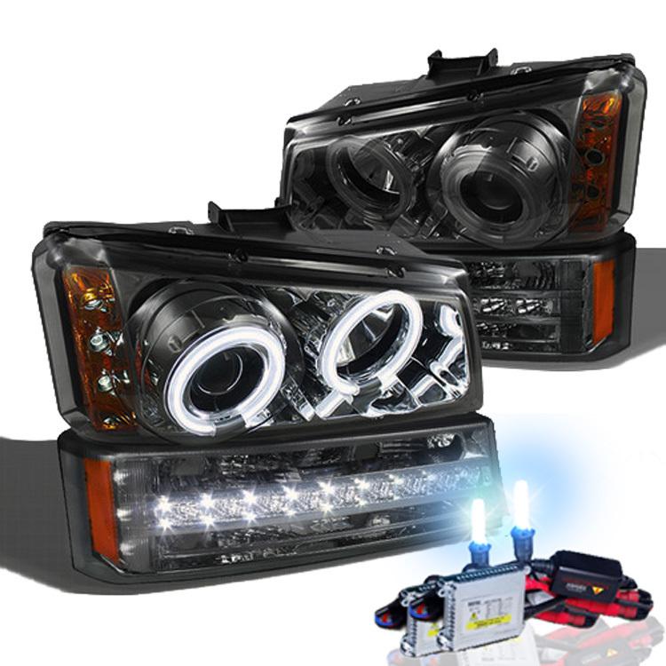 03-06 silverado dual ccfl halo projector headlights smoke+8k hid kit 8000k