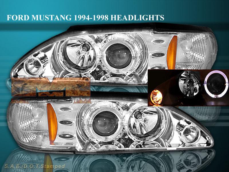 1994-1998 ford mustang projector headlights clear halo 97 96 