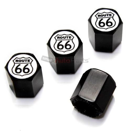 (4) route 66 white logo black tire/wheel air pressure stem valve caps covers