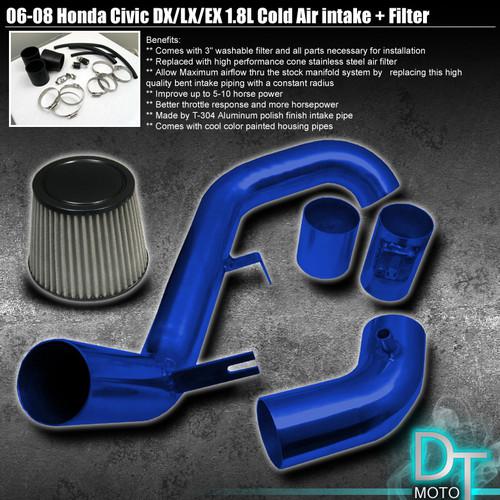 Stainless washable filter+ cold air intake 06-11 civic 4cyl 1.8l blue aluminum