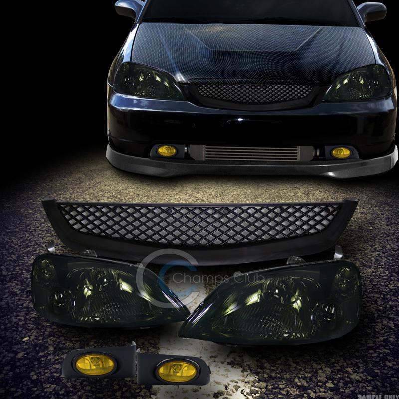 Jdm smoke head lights dy+grill grille+fog lamp w/switch yellow 01-03 honda civic