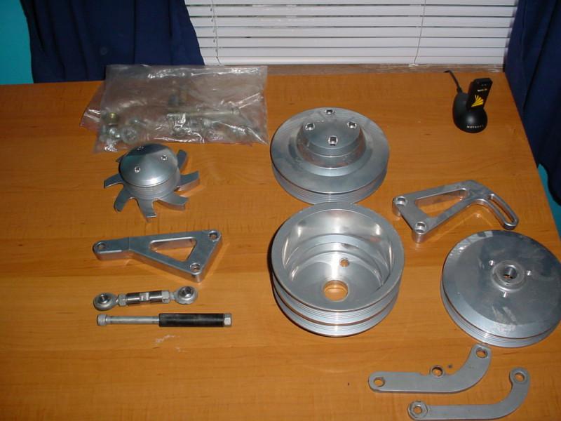 Sbc march performance serpentine belt conversion kit powder coated pulleys