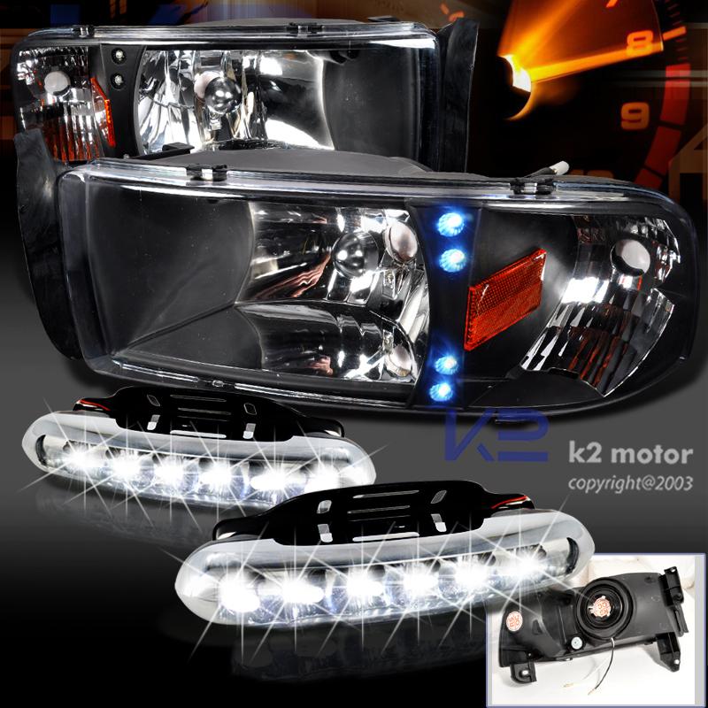 1994-2002 ram 1500 led drl black headlights w/led strip fog bumper lamps