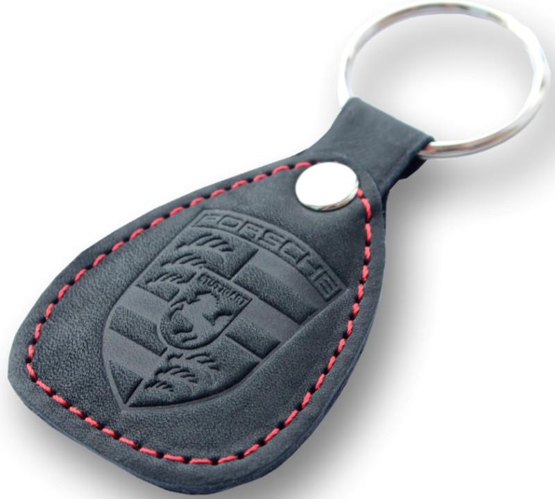 New leather black / red keychain car logo porsche auto emblem keyring