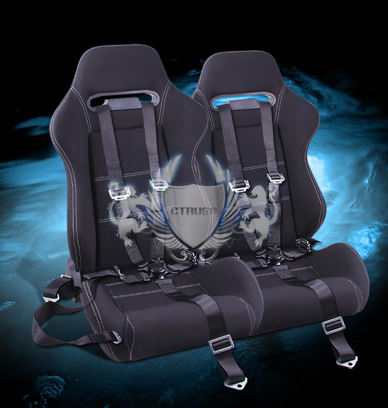 2x  black fabric racing bucket seat white stitch + 5-pt belts camlock strap pair