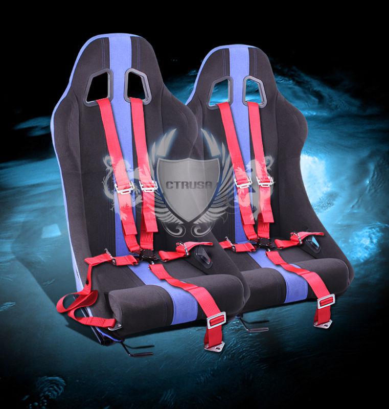 2x blue stripe fabric sport racing bucket seats+5-pt red belt camlock strap