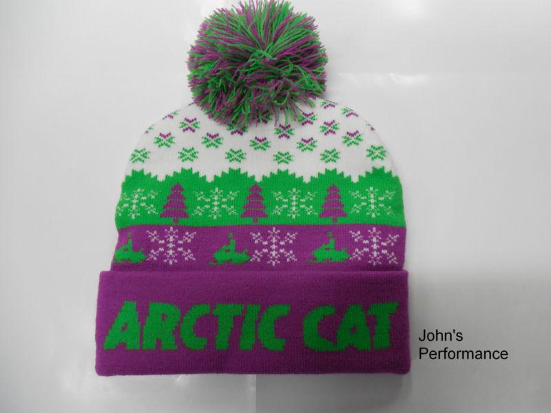 Purple & green arctic cat pom beanie hat cap 5243-065