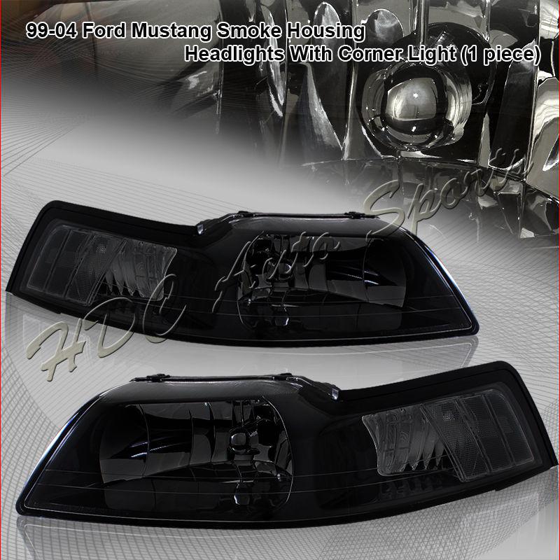1999-2004 ford mustang chrome housing smoked lens headlight lamps set