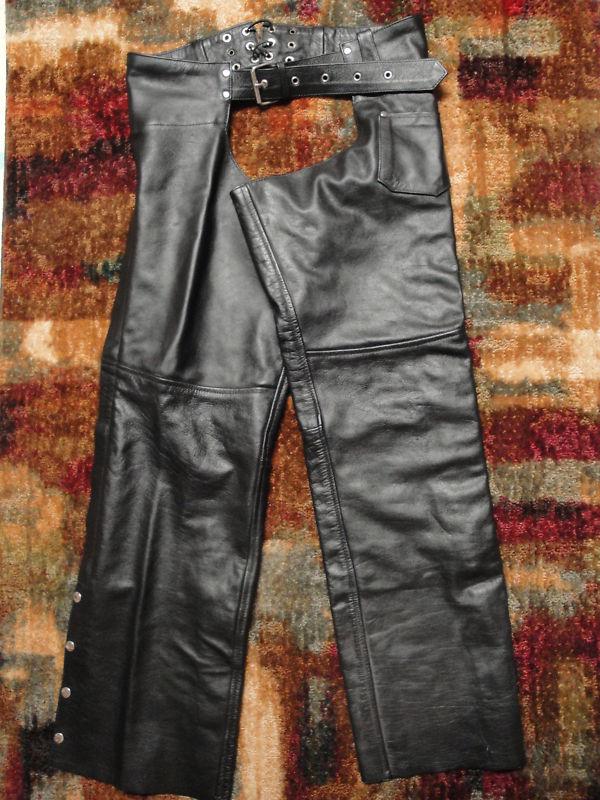 Leather gallery black leather motorcycle belted biker chaps men’s large - euc!