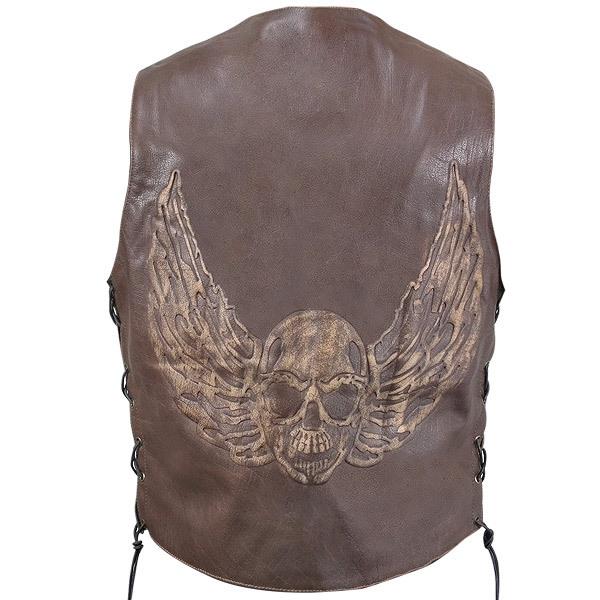 New xelement brown distressed leather motorcycle biker vest w/flying-skull l 3xl