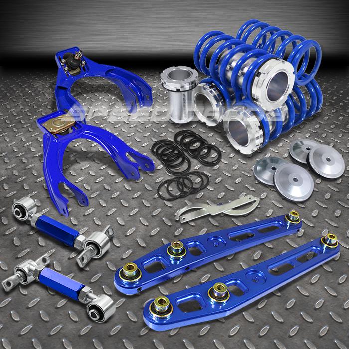 Blue 0-3" scale coilover+control arms+4pc front+rear camber kit 92-95 civic/dc1