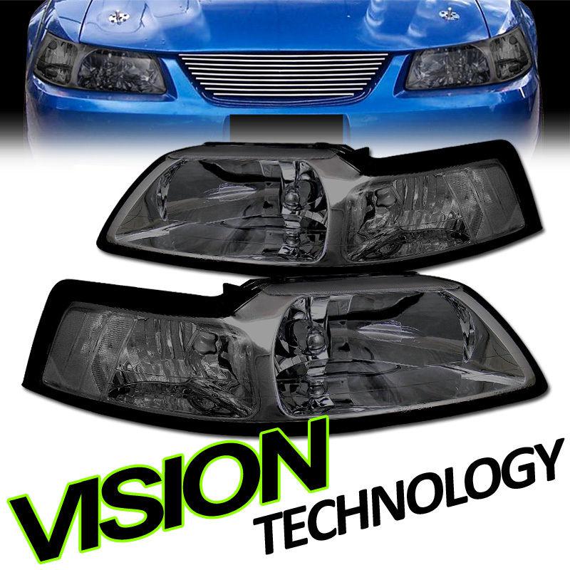 Pair 99-04 ford mustang v6/gt/svt cobra/mach i smoked lens head lights lamps l+r