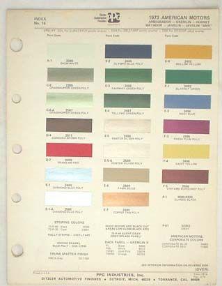 1973 amc ppg  color paint chip chart javelin gremlin hornet matador amx