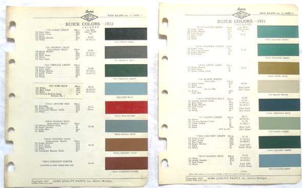 1952  buick acme  color paint chip chart all models original 