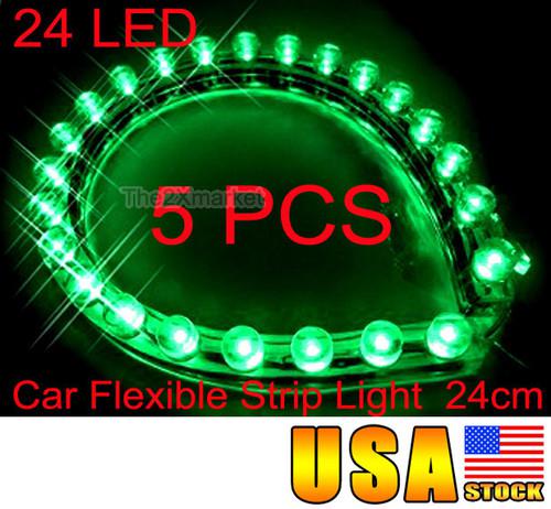 New 5pcs 24led 24cm car neon flexible 12v strip green light 12v waterproof bulbs