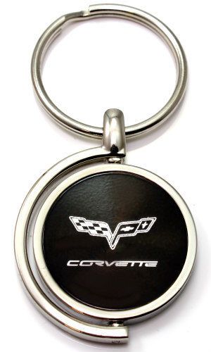 Black chevy corvette c6 logo brushed metal round spinner chrome key chain ring