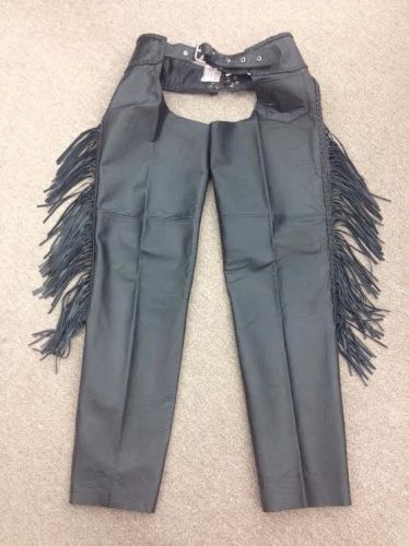 Black leather chaps with fringe and braided trimming, size: xxl