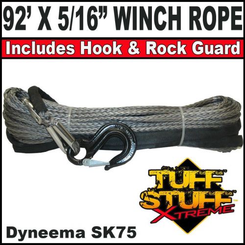 Grey 92&#039; x 5/16&#034; synthetic dyneema winch rope cable with black hook &amp; rock guard