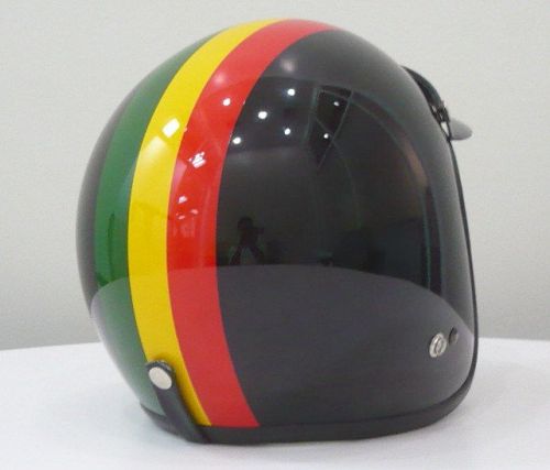 Vintage scooter motorcycle black with rasta stripes racing open face helmet new