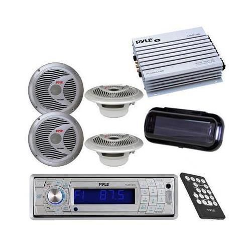 4 round speakers &amp; new pyle indash marine cd mp3 stereo / bluetooth +amp + cover