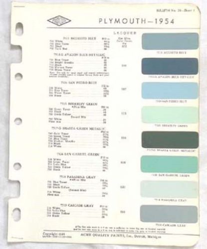 1954 plymouth acme proxlin  color paint chip chart all models original mopar