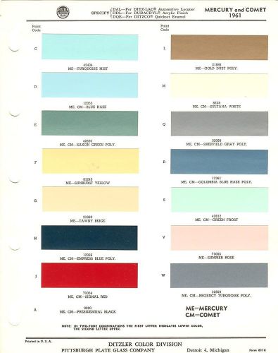 1961 mercury monterey comet meteor commuter colony park wagons paint chips (ppg)