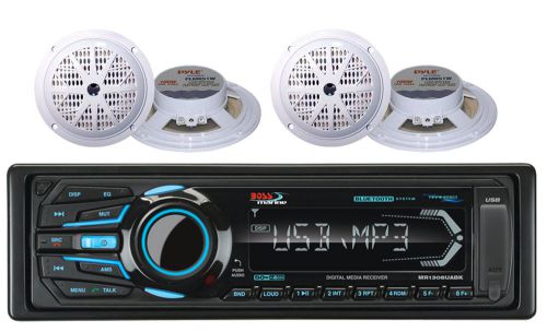 Ipod iphone sd usb bluetooth aux marine radio &amp; 4 white 5.25&#034; marine speakers