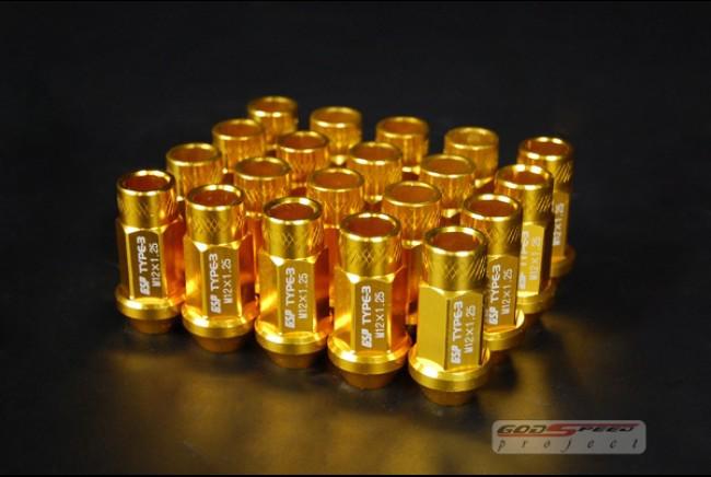 Godspeed type-3 wheel rim racing cnc lug nuts 50mm 20 pcs m12 x 1.25mm -gold