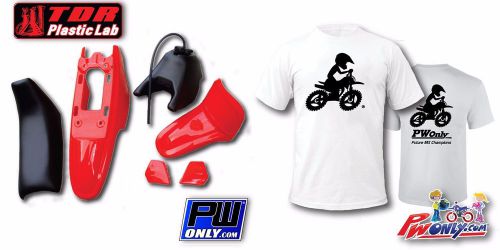 Pw50 pw 50 yamaha red fender plastic kit, black seat &amp; tank, free pw t shirt