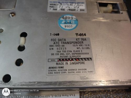 Bendix king kt 76a transponder p/n 066-1062-00 tested w/faa 8130-3 yellow tagged